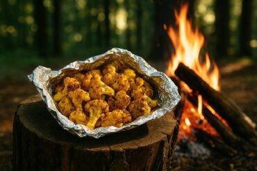 Cauliflower florets seasoned with curry spices roasting in foil over a campfire grate.