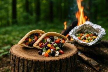 Meditarian veggie pita halves wrapped in foil with grilled peppers, zucchini, and onions ready for roasting.