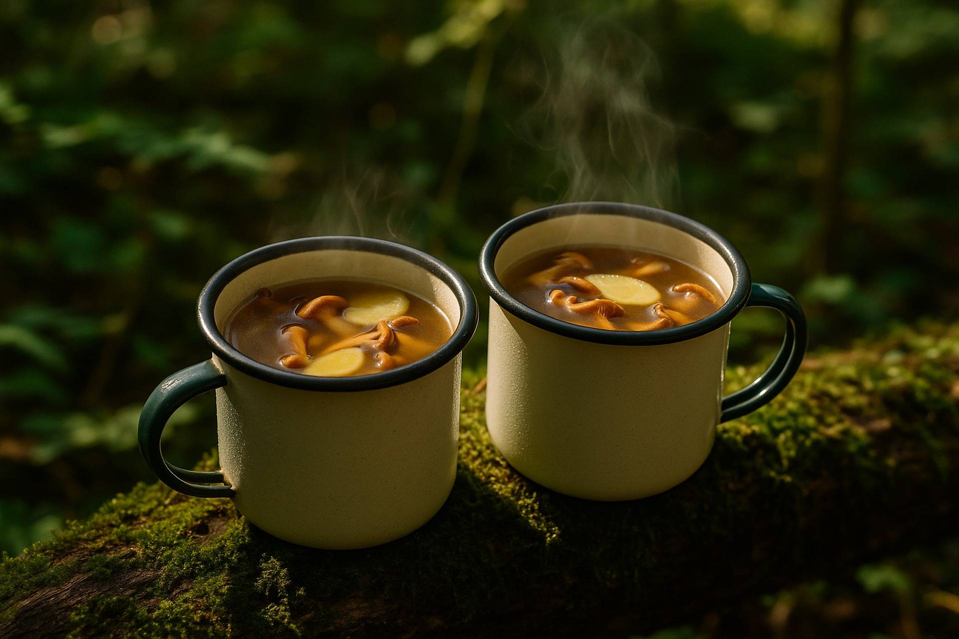 Hearty mushroom broth in a camping mug, garnished with forest herbs and mushrooms.