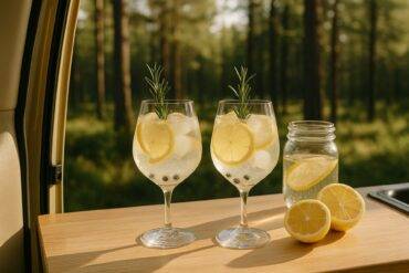 A chilled juniper lemon spritz in a clear glass garnished with lemon and juniper berries.