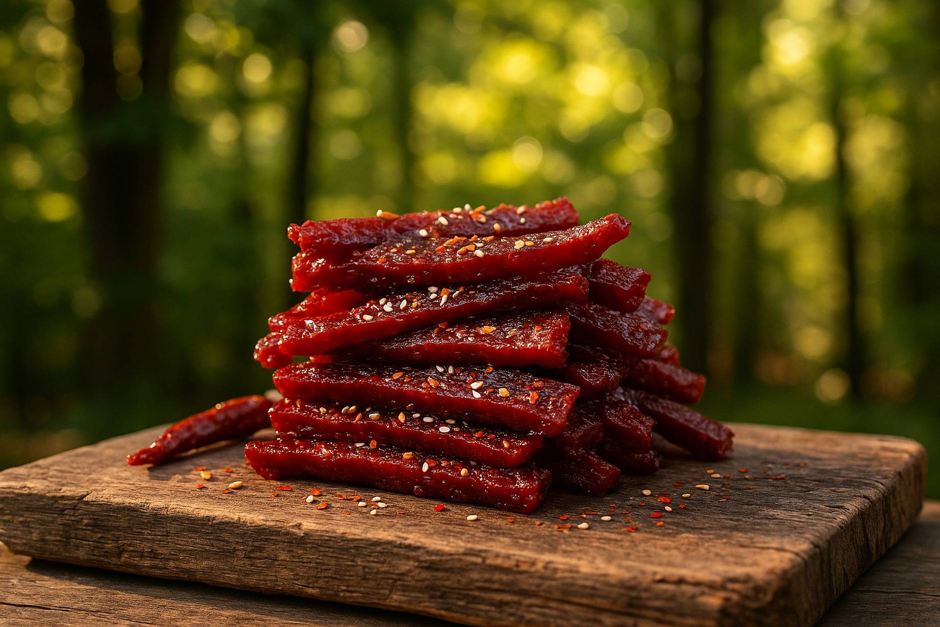 Spicy-sweet gochujang honey glazed jerky skewered over a campfire grill for camping snack.