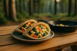 Two pita halves filled with scrambled eggs, diced tomatoes, olives, and feta cheese on a rustic wooden surface.