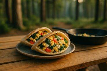 Two pita halves filled with scrambled eggs, diced tomatoes, olives, and feta cheese on a rustic wooden surface.