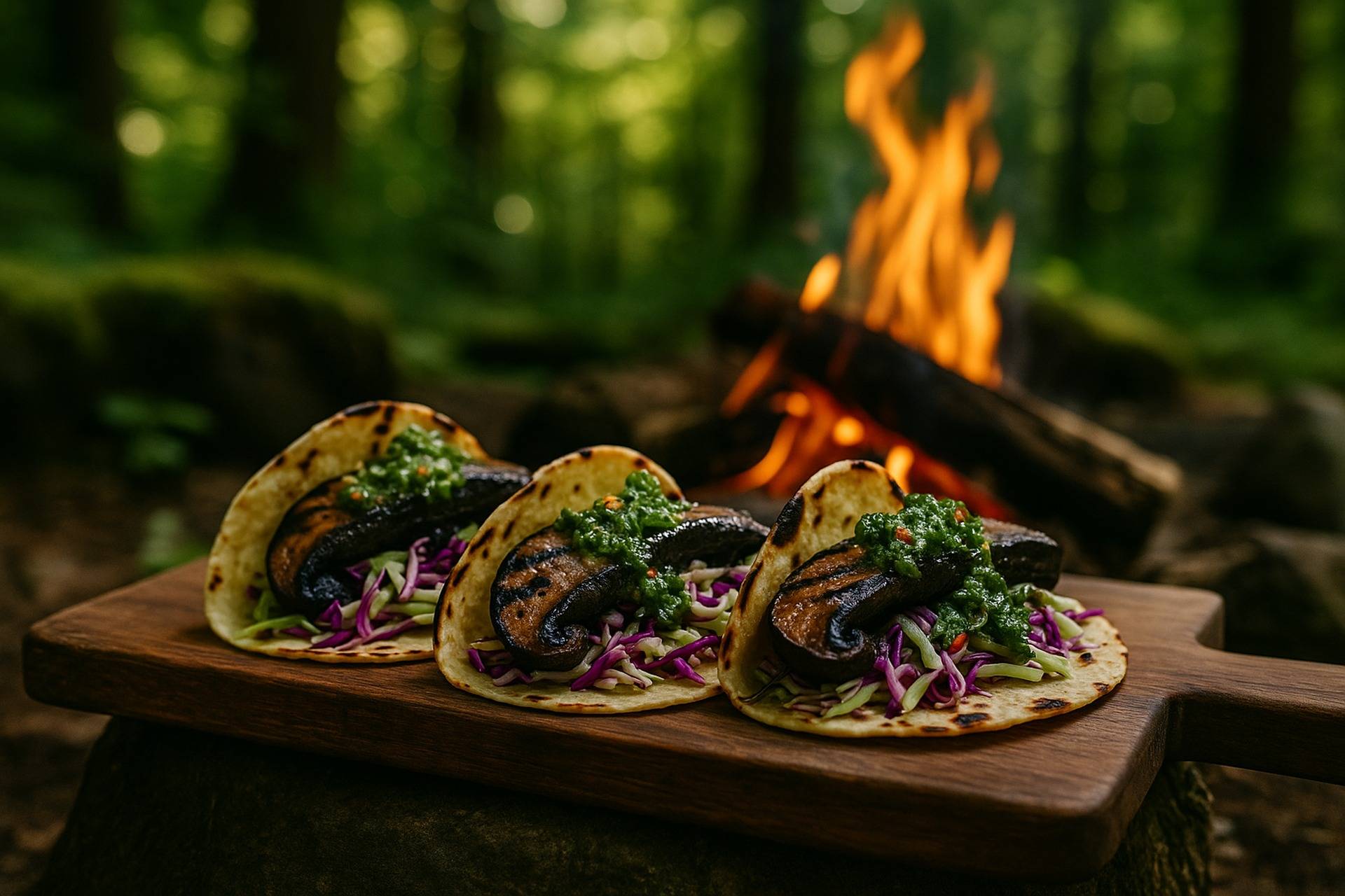 Three grilled Portobello mushroom tacos topped with green chimichurri sauce, served on a rustic plate.