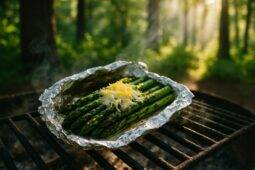 Bundles of grilled asparagus topped with lemon zest and grated Parmesan cheese on foil.