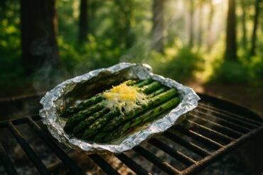 Bundles of grilled asparagus topped with lemon zest and grated Parmesan cheese on foil.