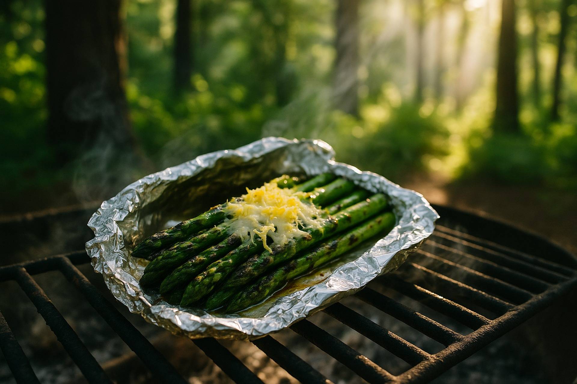 Bundles of grilled asparagus topped with lemon zest and grated Parmesan cheese on foil.