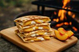 Grilled dessert quesadillas filled with peach slices and drizzled with maple syrup on a campfire grate