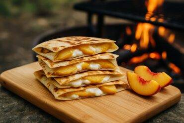 Grilled dessert quesadillas filled with peach slices and drizzled with maple syrup on a campfire grate