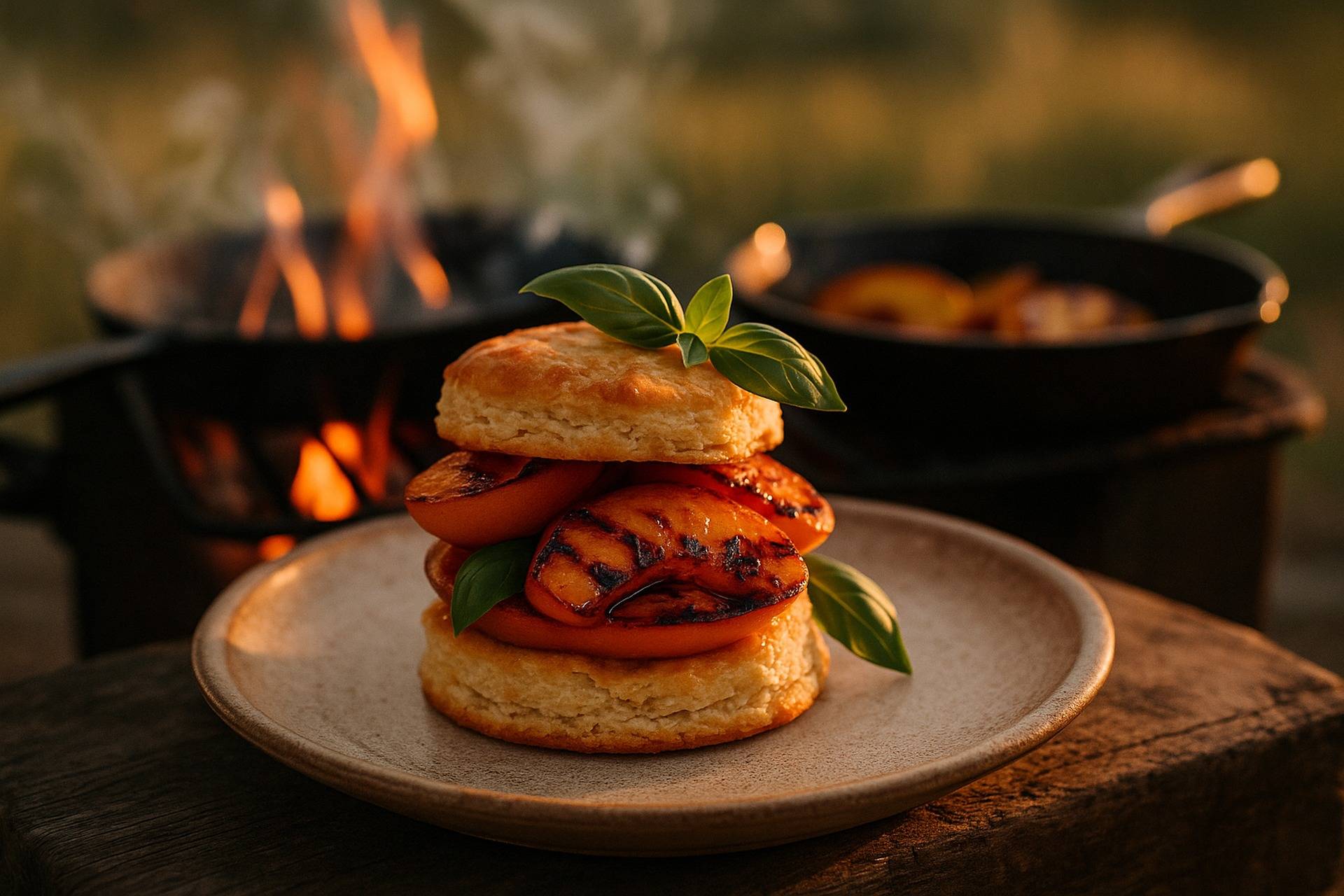 Shortcakes topped with grilled peach slices and fresh basil leaves, ready to enjoy at a campfire.
