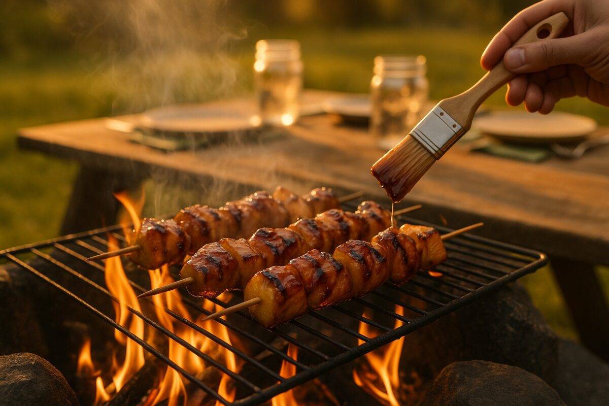 Chicken and pineapple pieces glazed with teriyaki sauce and grilled on skewers over a campfire.