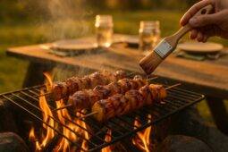 Chicken and pineapple pieces glazed with teriyaki sauce and grilled on skewers over a campfire.