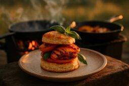 Shortcakes topped with grilled peach slices and fresh basil