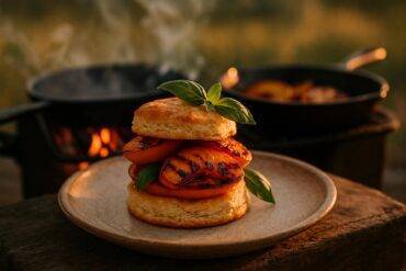 Shortcakes topped with grilled peach slices and fresh basil