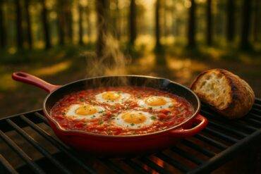 Skillet of poached eggs simmering in a spicy tomato and pepper sauce over a campfire.