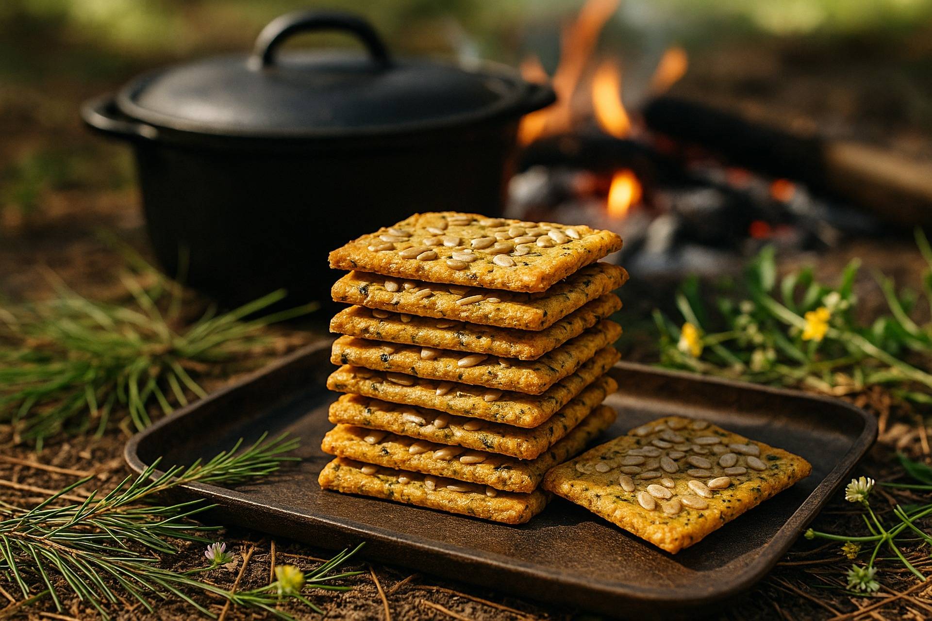 Golden-brown sunflower seed crackers sprinkled with herbs on a rustic wooden surface.