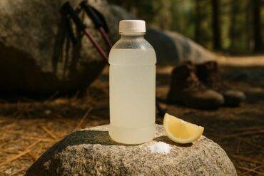 Two clear cups filled with a light pink coconut electrolyte drink, placed on a rustic wooden surface.
