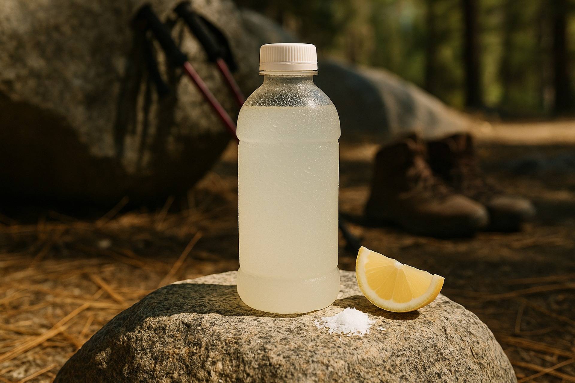 Two clear cups filled with a light pink coconut electrolyte drink, placed on a rustic wooden surface.
