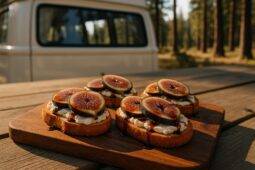 Toasted crostini topped with goat cheese, sliced figs, honey drizzle, and balsamic glaze.