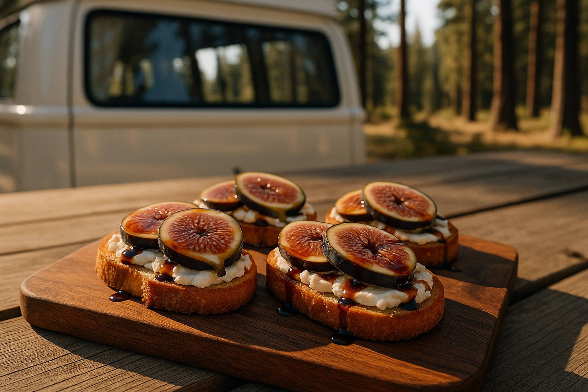 Toasted crostini topped with goat cheese, sliced figs, honey drizzle, and balsamic glaze.