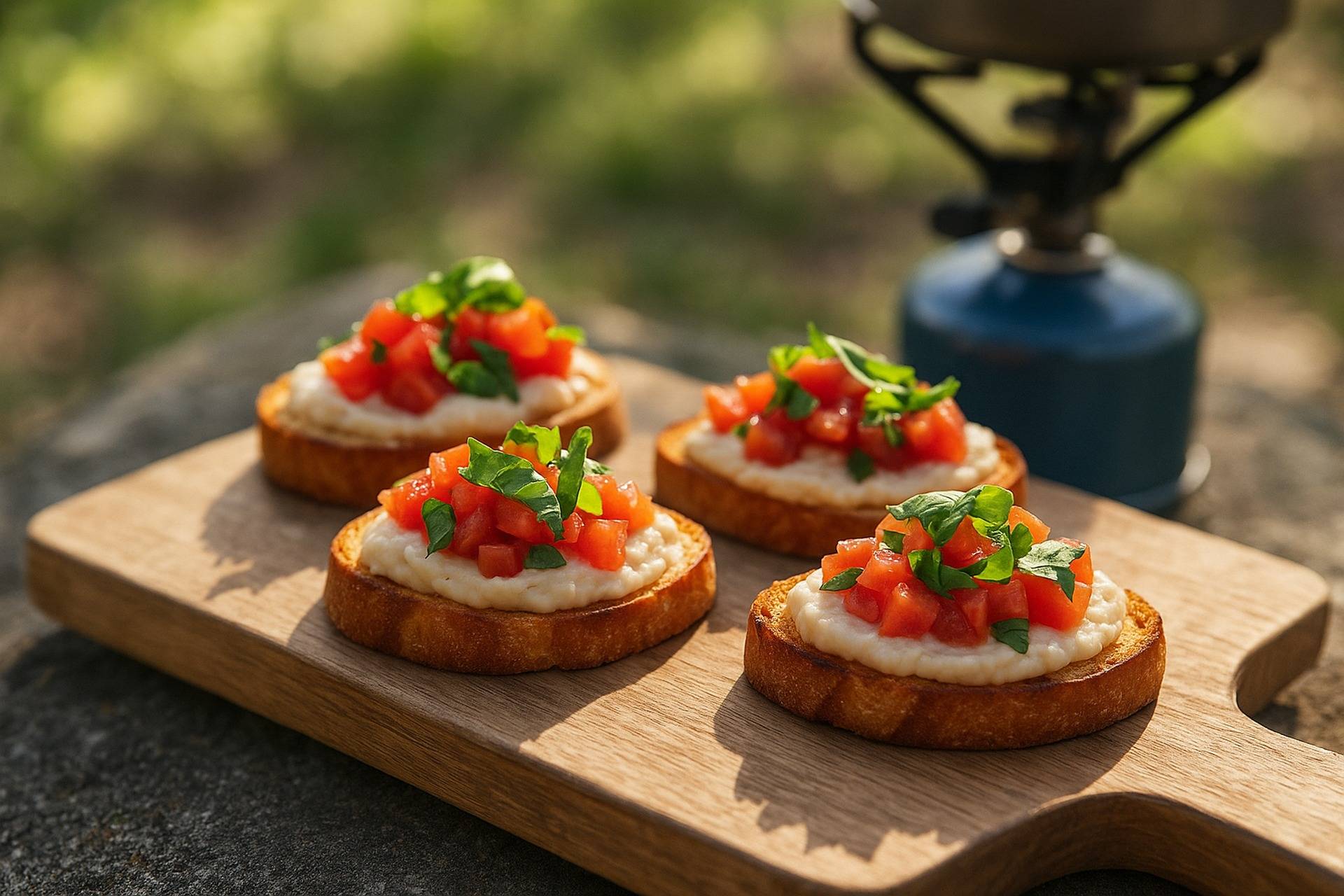 Toasted bread topped with a white bean mixture, cherry tomatoes, and fresh herbs ready to serve.