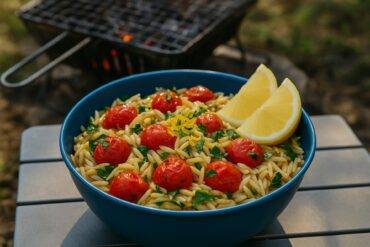 Lemon Basil Orzo With Fire Roasted Cherry Tomatoes camp recipe image