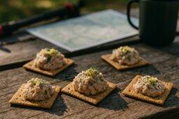 Three lemon-pepper tuna snack packs wrapped in foil ready to cook over a campfire.