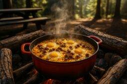 Hearty Dutch oven breakfast bake with eggs, sausage, potatoes, and cheese ready for camp meal.