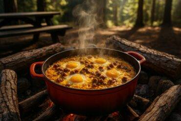 Hearty Dutch oven breakfast bake with eggs, sausage, potatoes, and cheese ready for camp meal.