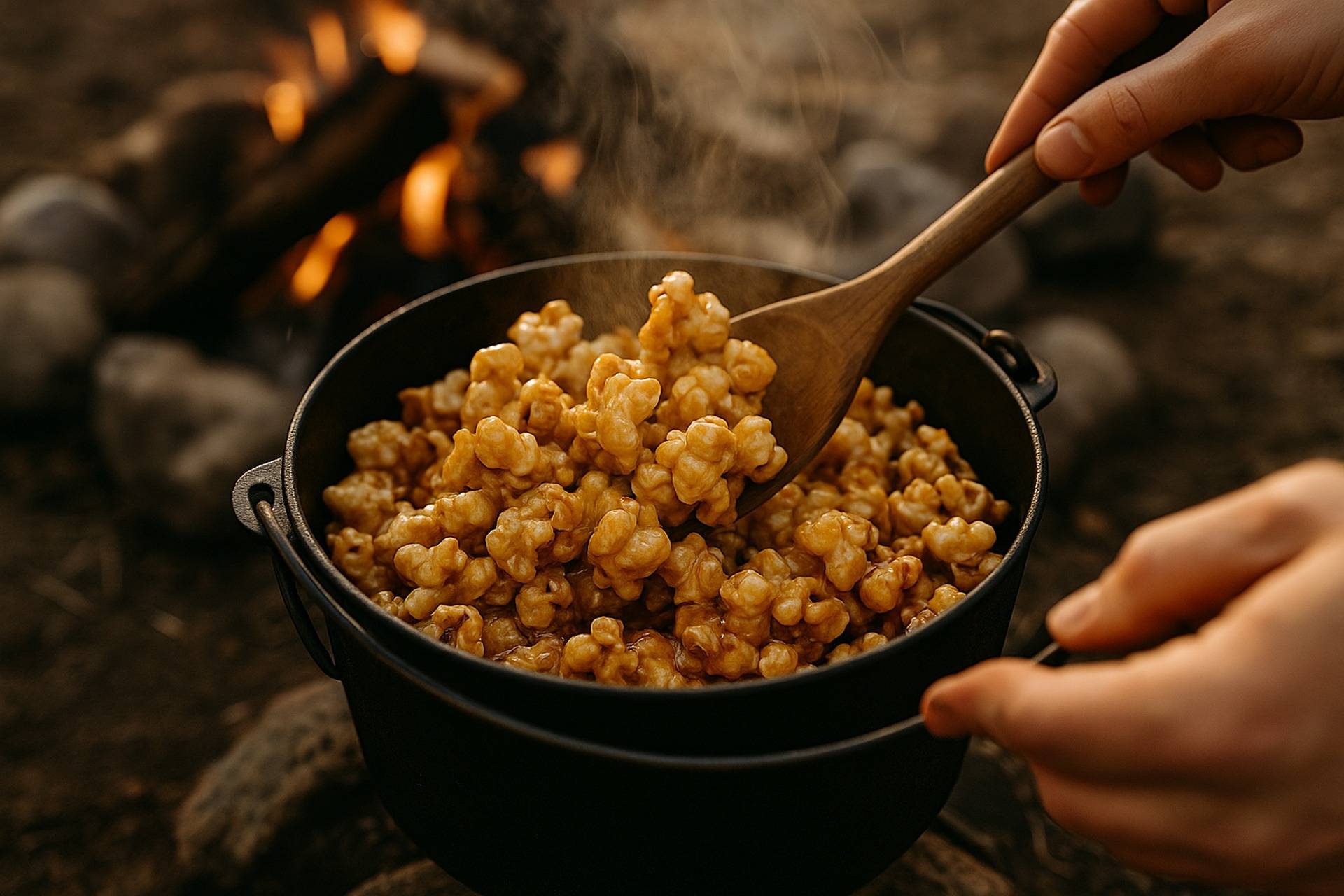 Popcorn in a campfire pot coated with a glossy maple-bourbon glaze.