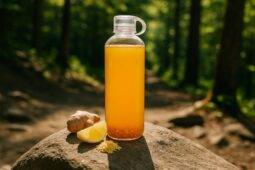 Clear glass of golden maple ginger electrolyte drink with fresh ginger slices and cinnamon sticks nearby on wood.