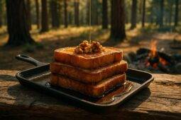 Golden French toast topped with chopped walnuts and a drizzle of maple syrup in a campfire setting.