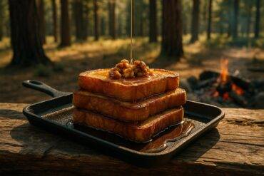 Golden French toast topped with chopped walnuts and a drizzle of maple syrup in a campfire setting.