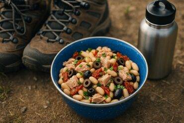 Bowl of Mediterranean tuna and white bean salad with herbs and olive oil, ready to serve outdoors.