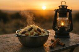 Steaming couscous mixed with cinnamon and chopped dates in a camping pot over a camp stove.