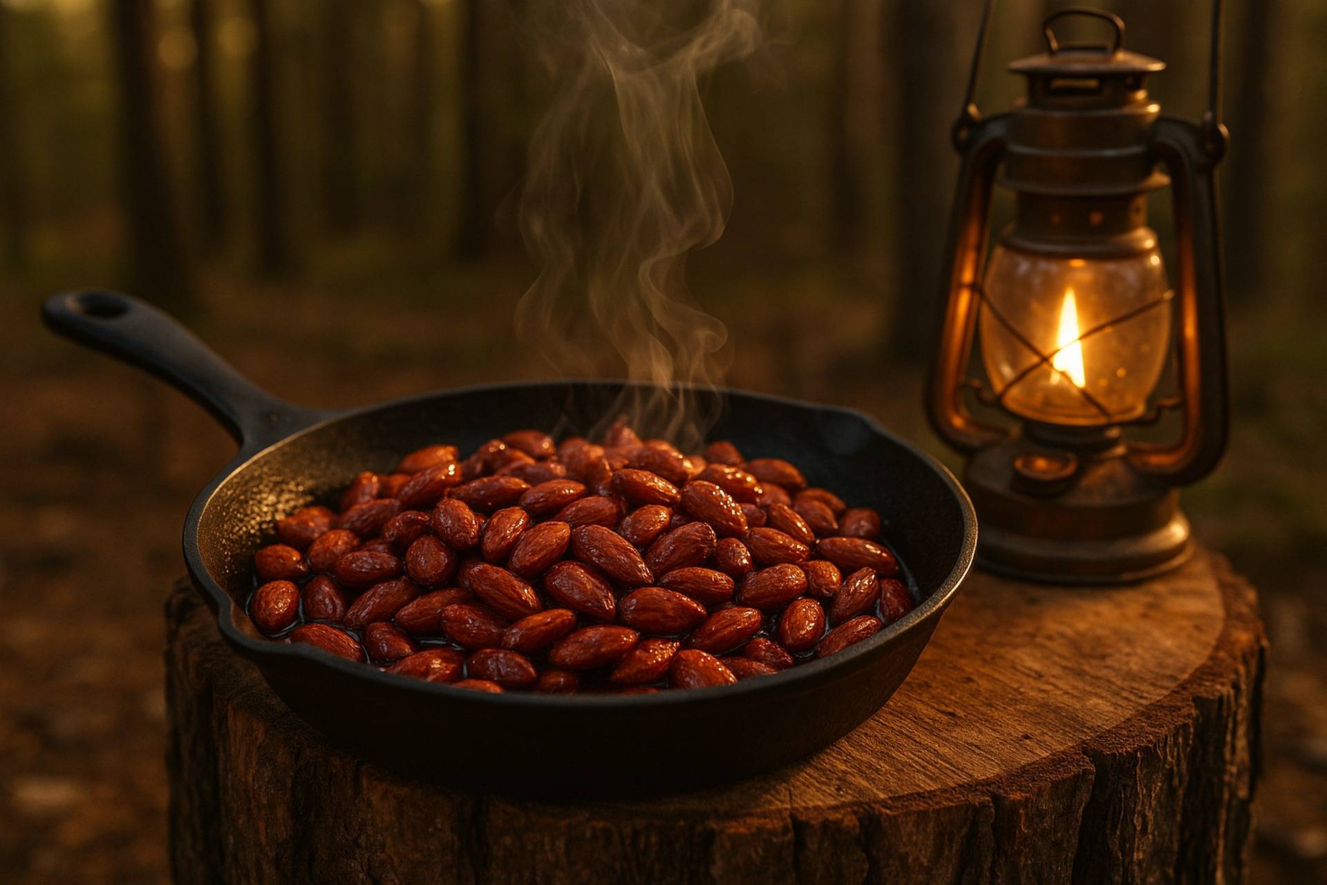 Toasted almonds coated in a spicy, rich red harissa seasoning in a bowl.