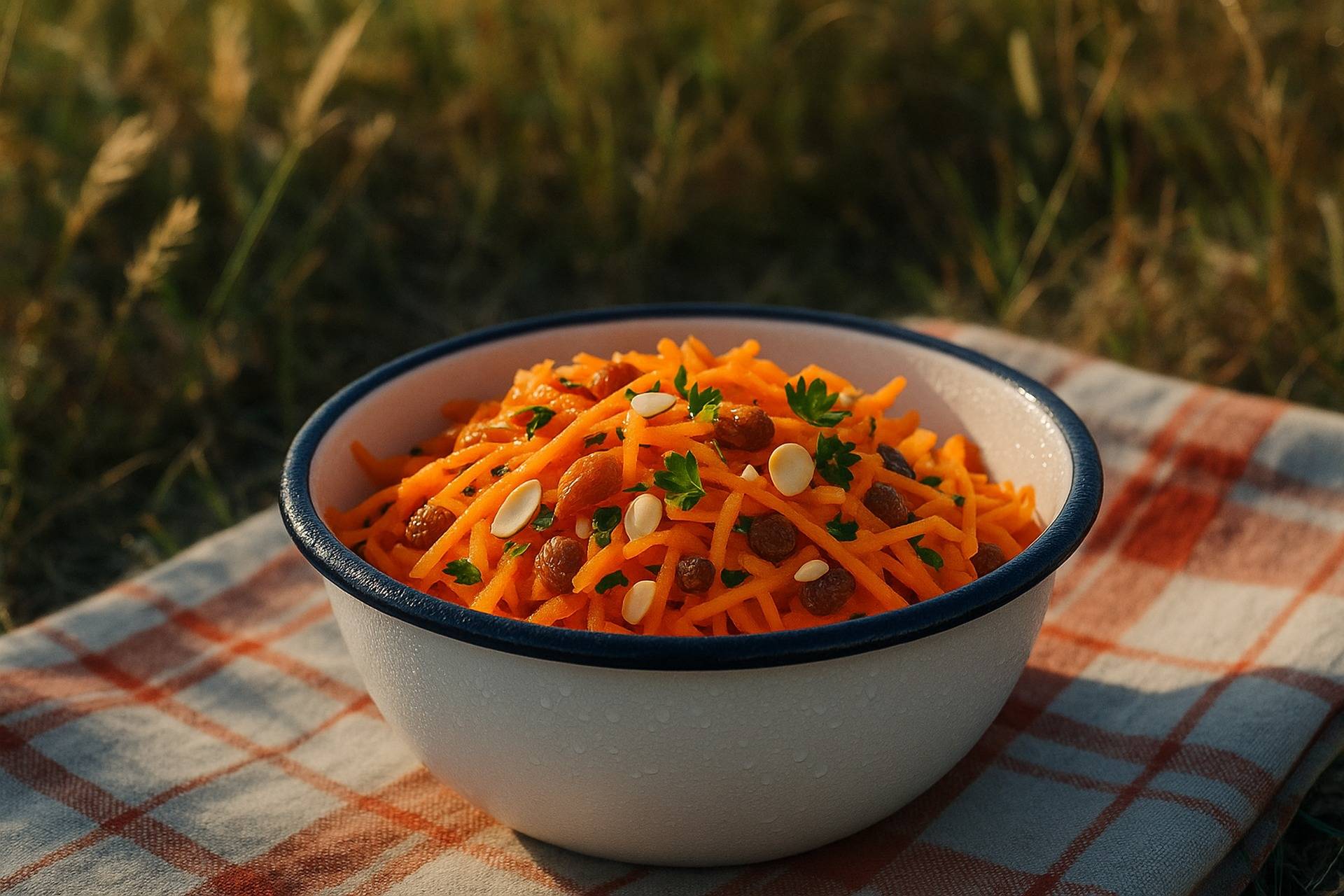 Bright orange shredded carrot slaw mixed with herbs and spices in a bowl, ready for serving.