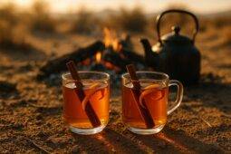 A steaming cup of Moroccan spiced orange blossom tea with a spoon resting inside.