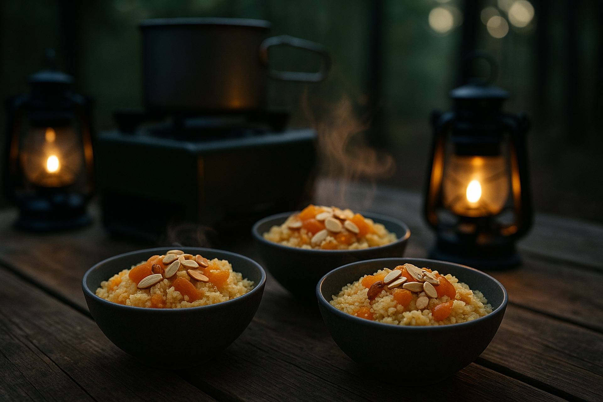 Creamy couscous pudding with apricots and almonds served in a camping pot over a campfire.