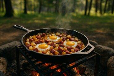 Hearty skillet of corned beef, potatoes, and onions cooked outdoors over a campfire.