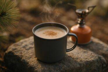 Steaming cup of Mountaineer’s Trail Chai with spices, ready for drinking during a camping trip.