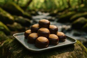Round peanut butter balls partially dipped in chocolate on a baking sheet, ready to set without baking.