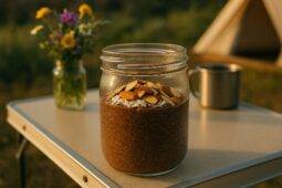 Three clear jars filled with layered chia pudding, shredded coconut, almonds, and chocolate pieces ready to eat.