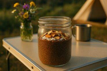 Three clear jars filled with layered chia pudding, shredded coconut, almonds, and chocolate pieces ready to eat.