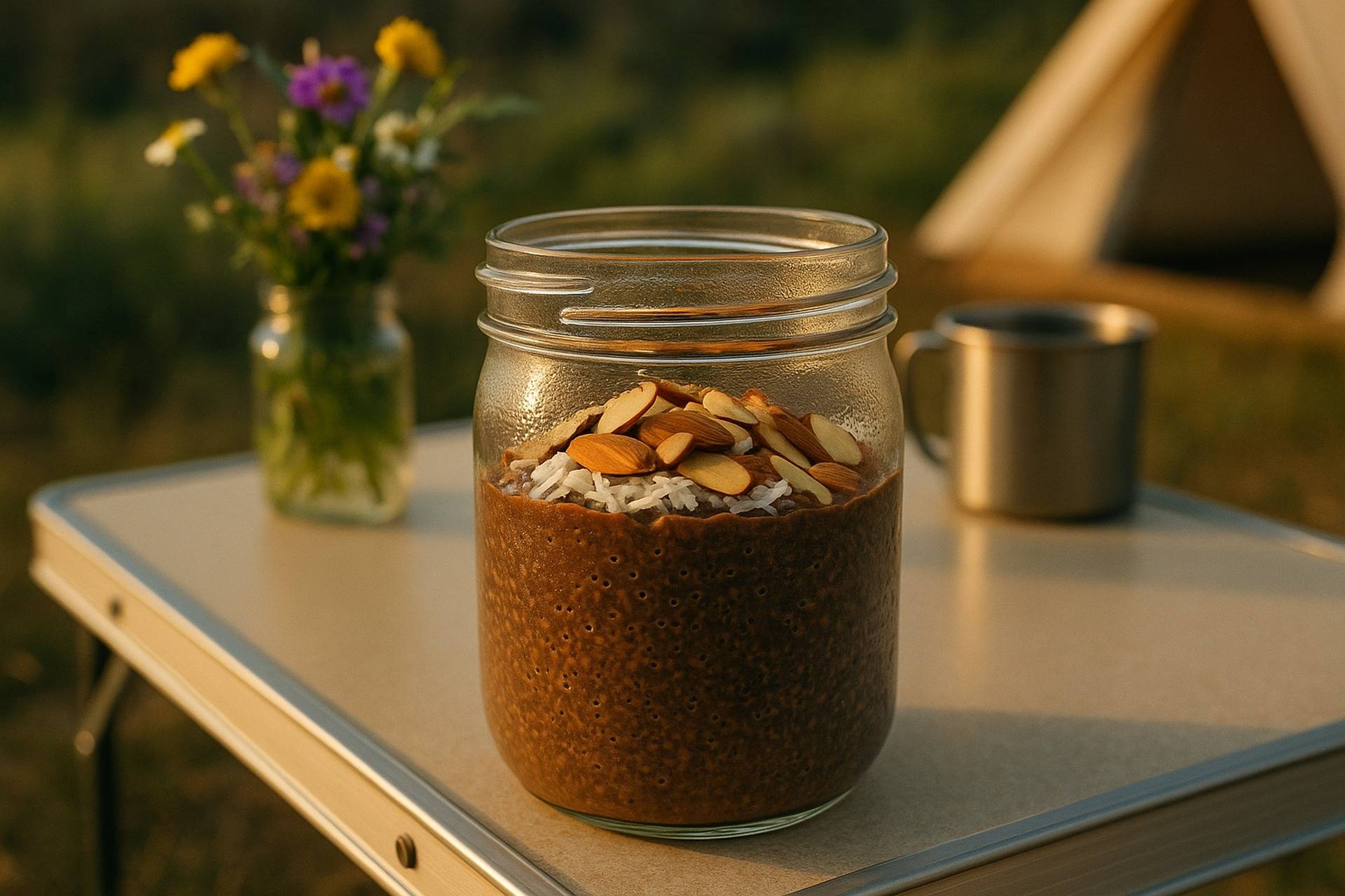 Three clear jars filled with layered chia pudding, shredded coconut, almonds, and chocolate pieces ready to eat.