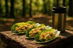 Curried chicken salad with nuts served in crisp lettuce leaves ready to eat.