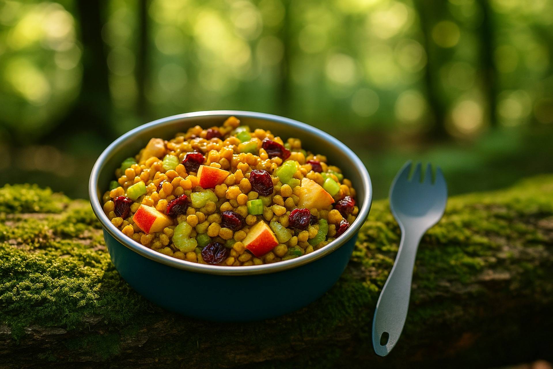 Colorful no-cook lentil salad mixed with apples, curry powder, and fresh herbs in a camping bowl.