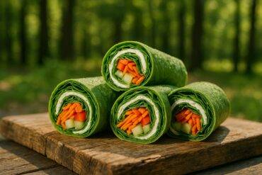 Colorful veggie and cream cheese wraps sliced and arranged on a plate ready to serve outdoors.