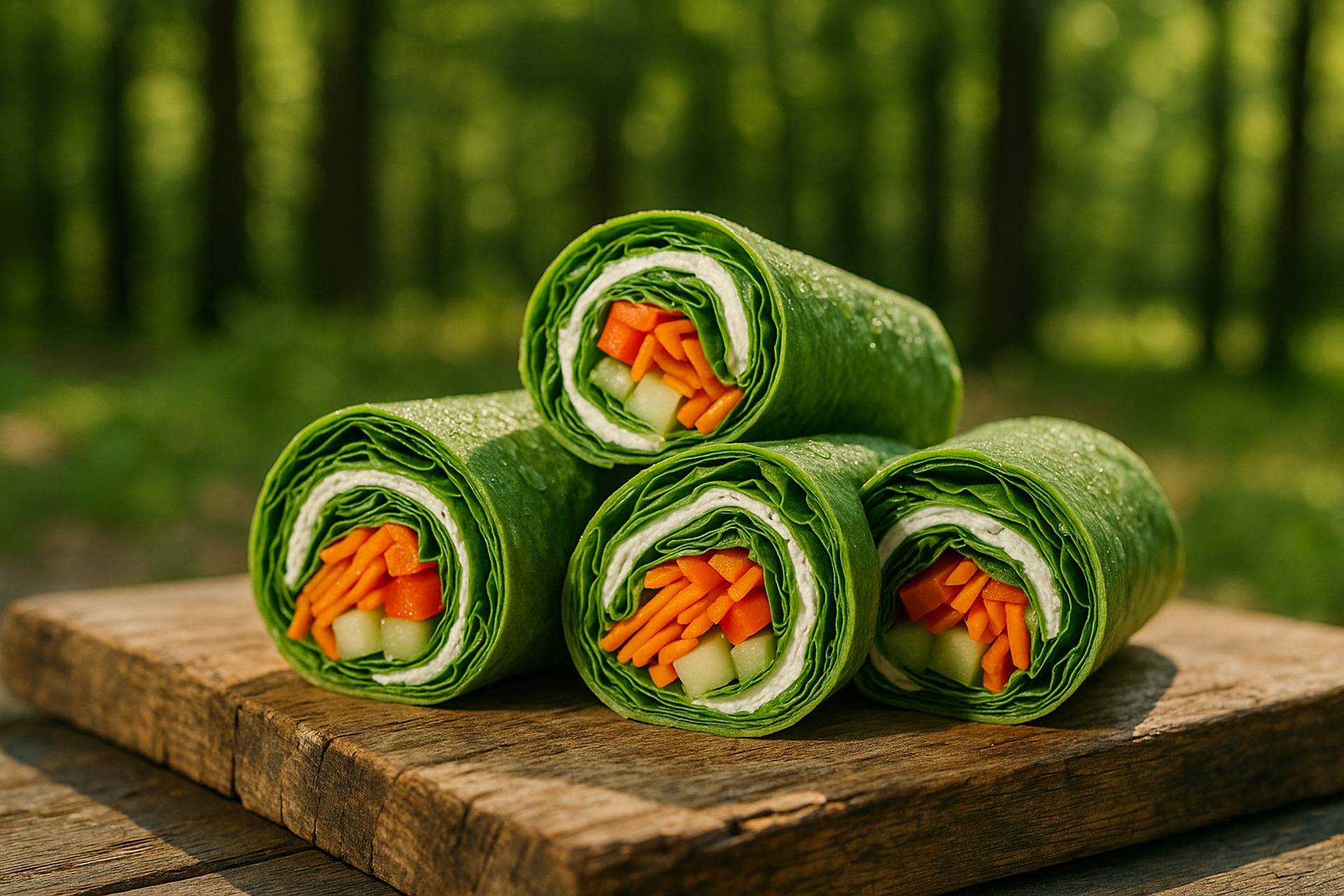 Colorful veggie and cream cheese wraps sliced and arranged on a plate ready to serve outdoors.