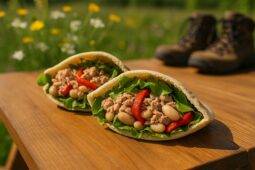 Two pita halves filled with a colorful mix of tuna, white beans, tomatoes, and herbs on a wooden board.